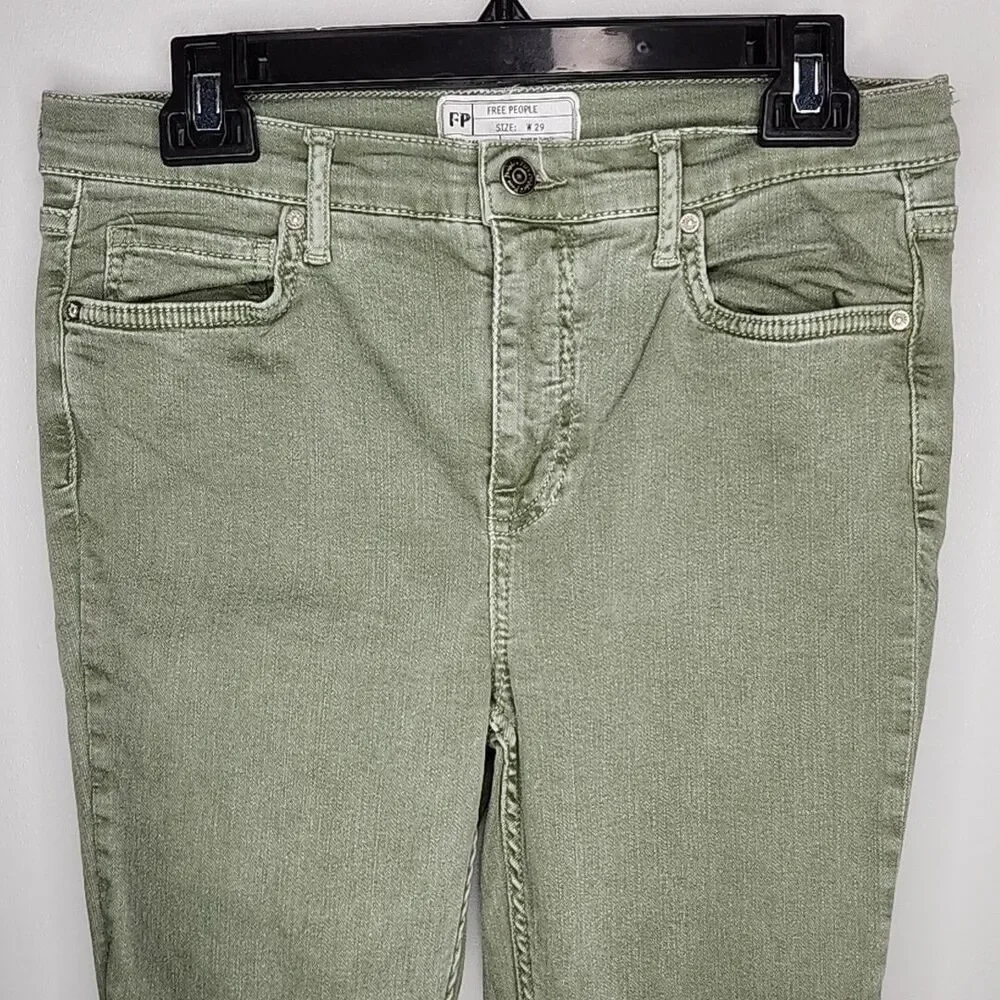 Free People Jeans Womens 29 Mid Rise Skinny Distressed w Pockets Green